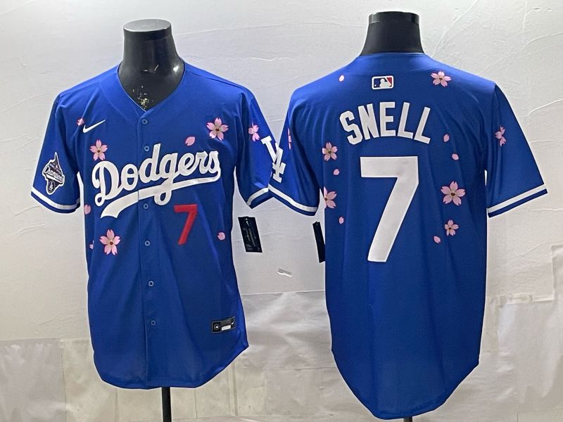 Men Nike 2026 Los Angeles Dodgers #7 Snell Blue Sakura Edition Game MLB Jersey 0011
